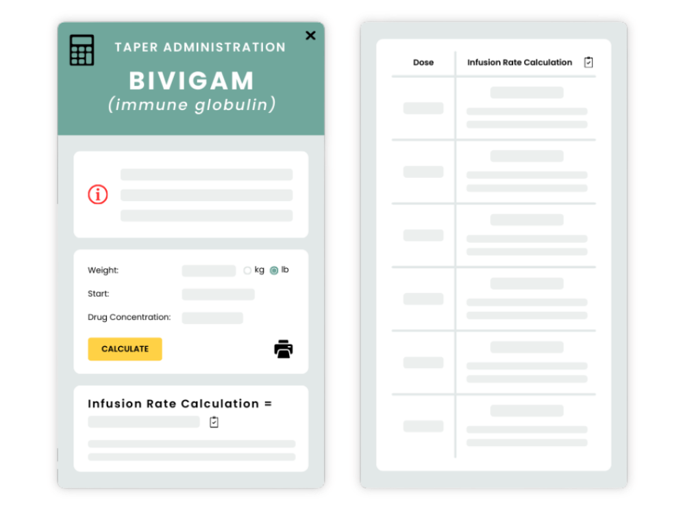 RxWorkFlow RxToolKit Graphic depicting RxToolKit's Taper Administration calculator for Bivigam (immune globulin).