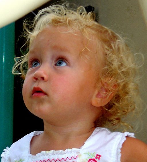 Two-year-old Emily Jerry looking up.