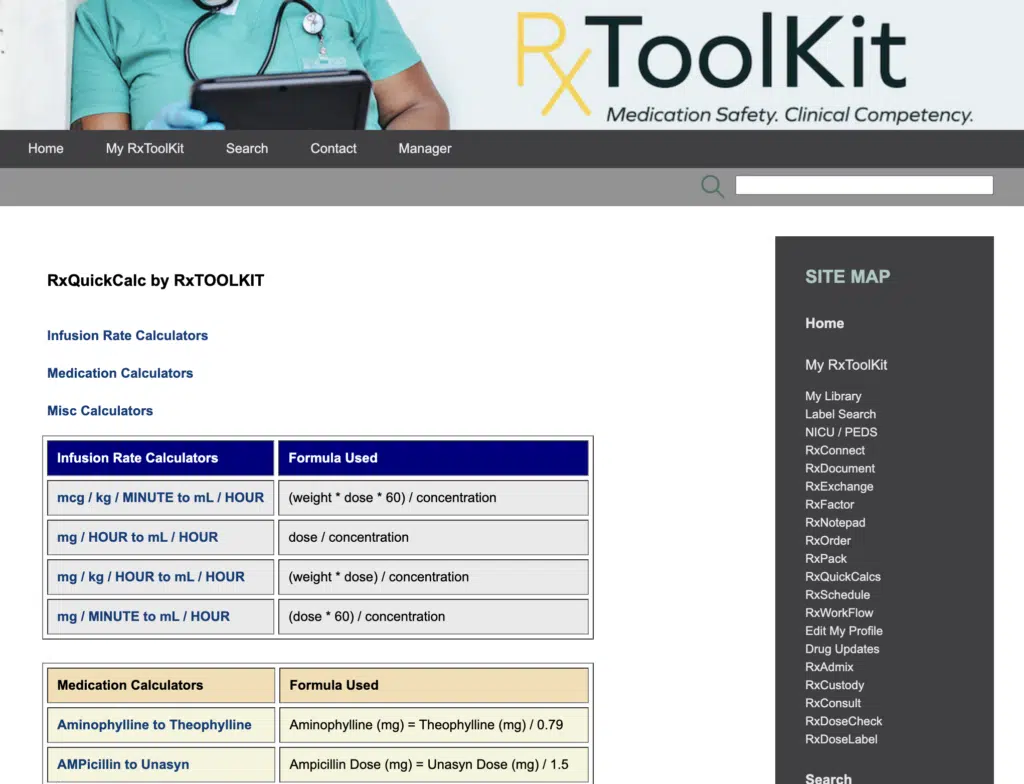 A screenshot of the RxQuickCalc available from RxToolKit's software.