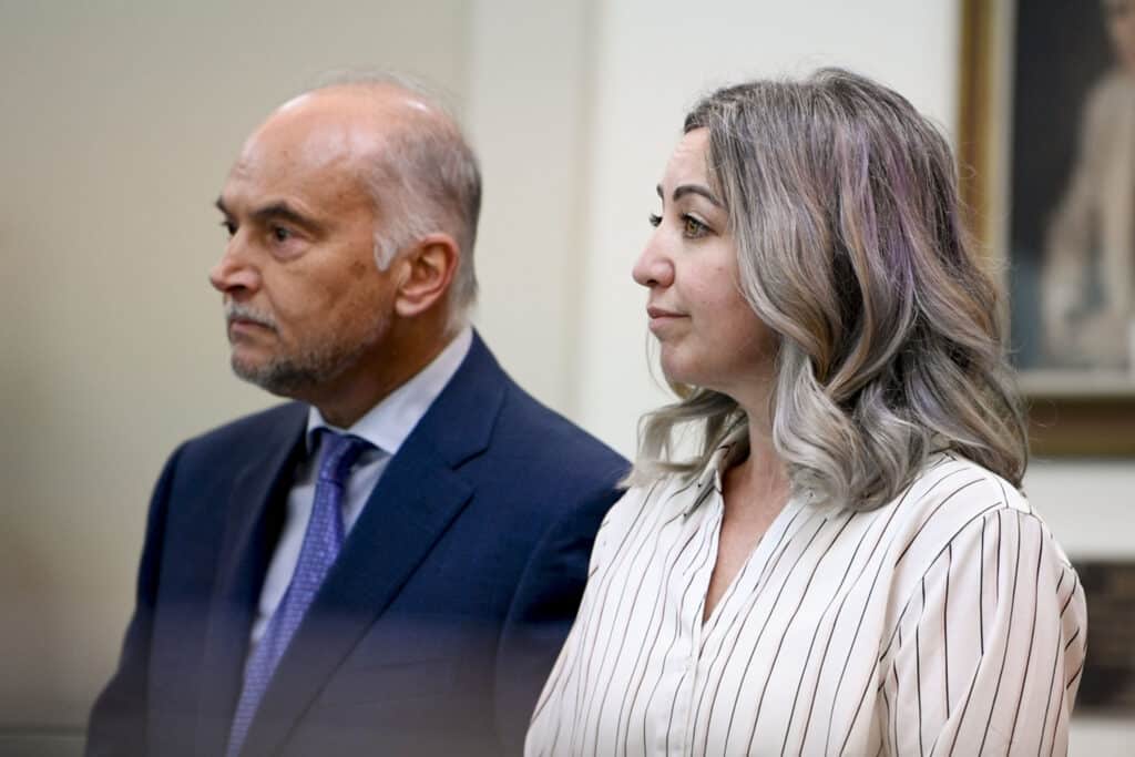 RaDonda Vaught and her attorney Peter Strianse listen as verdicts are read at the end of her trial in Nashville on March 25, 2022.