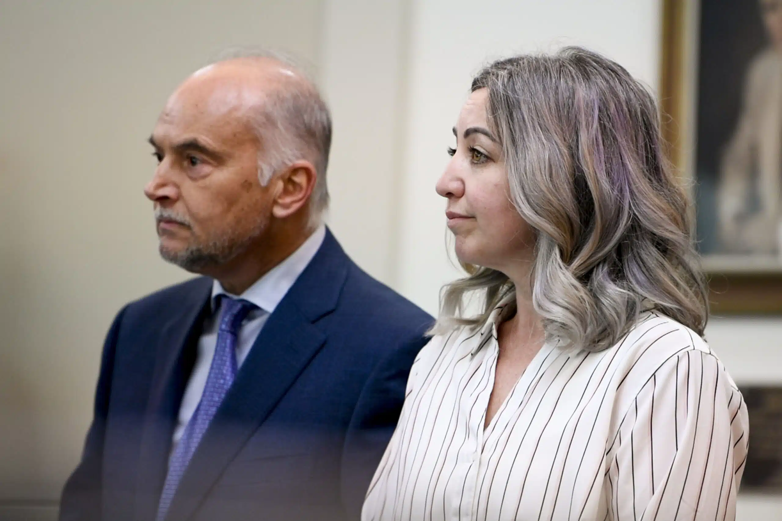 RaDonda Vaught and her attorney Peter Strianse listen as verdicts are read at the end of her trial in Nashville on March 25, 2022.