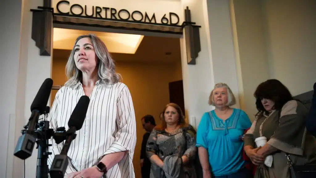 RaDonda Vaught speaks to members of the press after a verdict was reached in her trial.