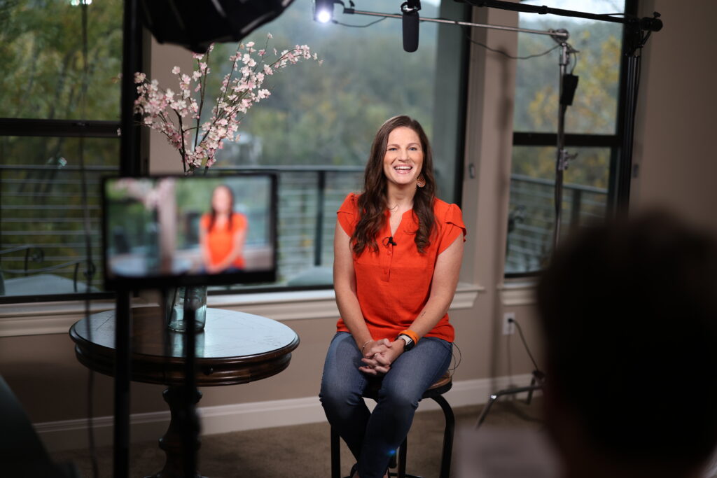 Patient Champion Kathryn (Katy) shares her personal journey with chronic illness and access to care during a professional filming session for the Infusion Access Foundation’s Champions Weekend.