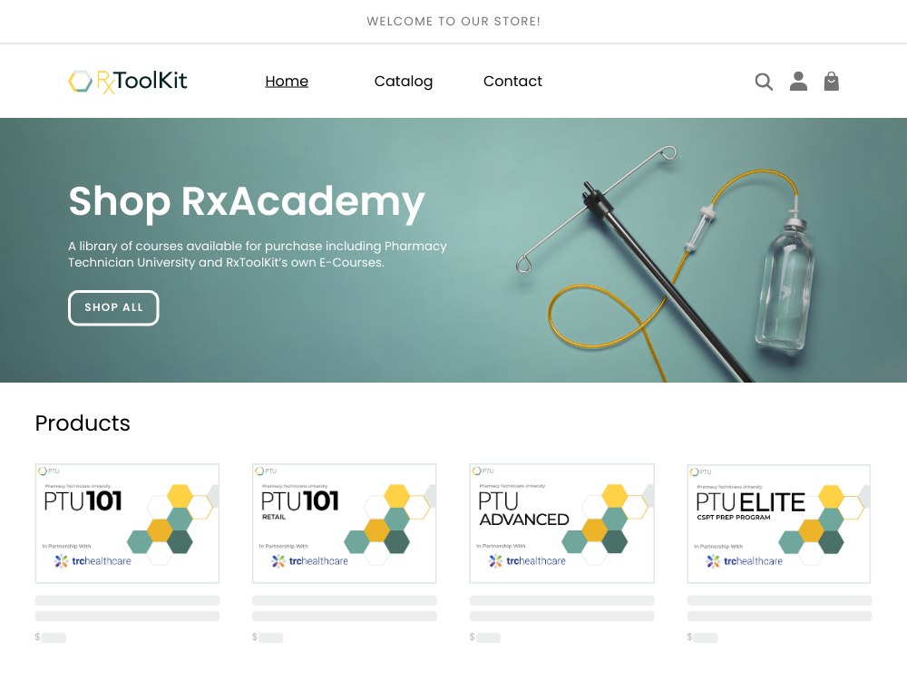 Graphic depicting RxToolKit's RxAcademy store, which features Pharmacy Technician training courses and more.