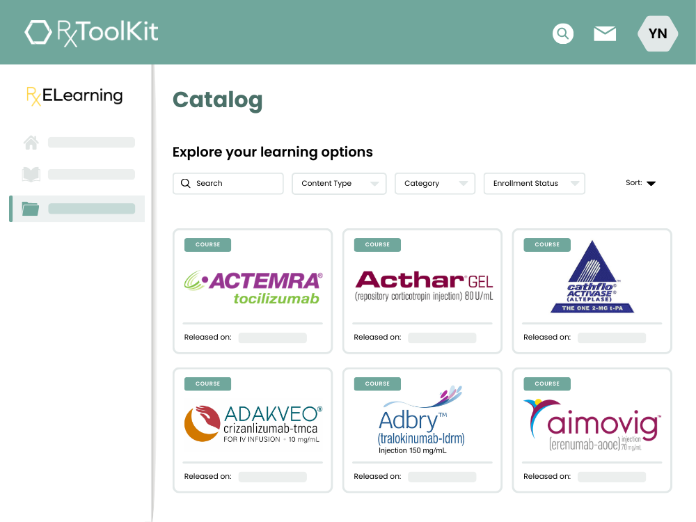 Graphic depicting the Catalog page of RxToolKit's RxELearning platform. It features six medications listed in alphabetical order that RxELearning has courses for (Actemra, Acthar Gel, Cathflo Activase, Adakveo, Adbry, and Aimovig).