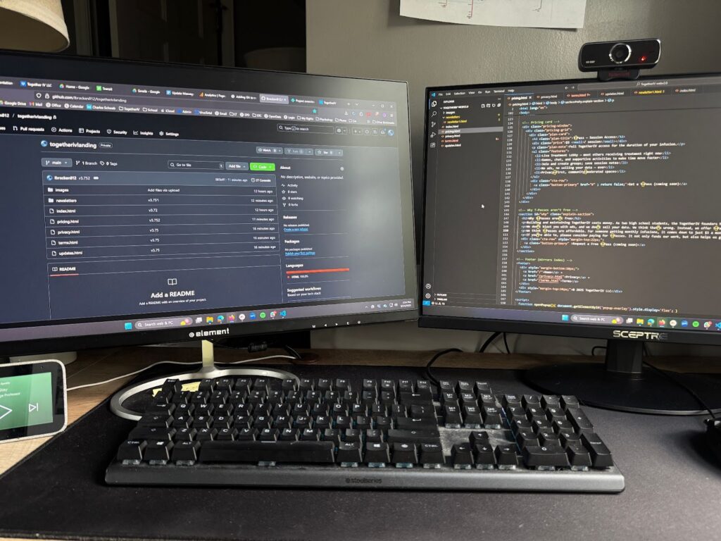 Logan Bracken’s at-home computer setup while coding TogetherIV’s website.