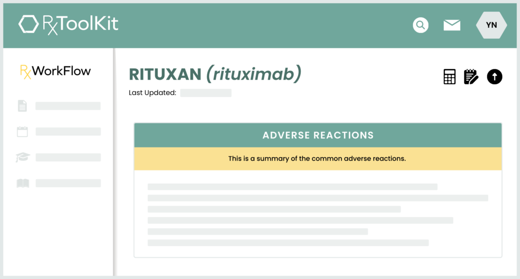 Graphic depicting the Adverse Reactions section of RxToolKit's RxWorkFlow platform for the drug RITUXAN.