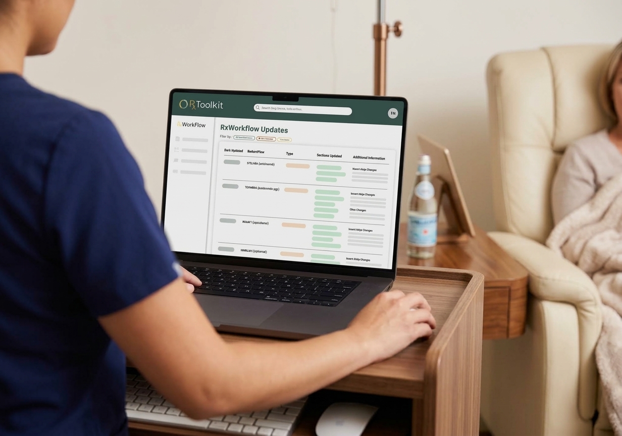 A chair-side nurse at an ambulatory infusion practice accesses the RxWorkFlow Updates page of RxToolKit's clinical decision support software.