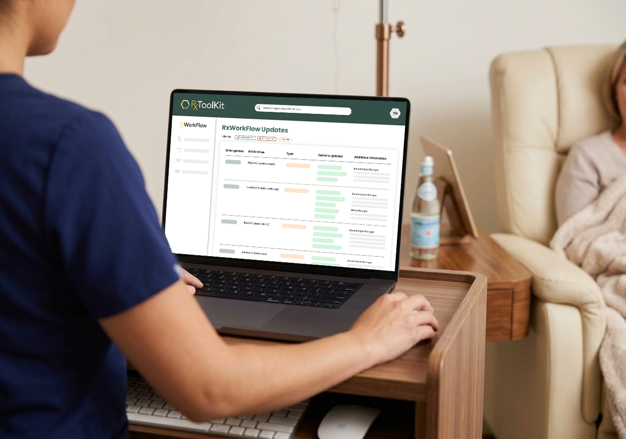 A chair-side nurse at an ambulatory infusion practice accesses the RxWorkFlow Updates page of RxToolKit's clinical decision support software.